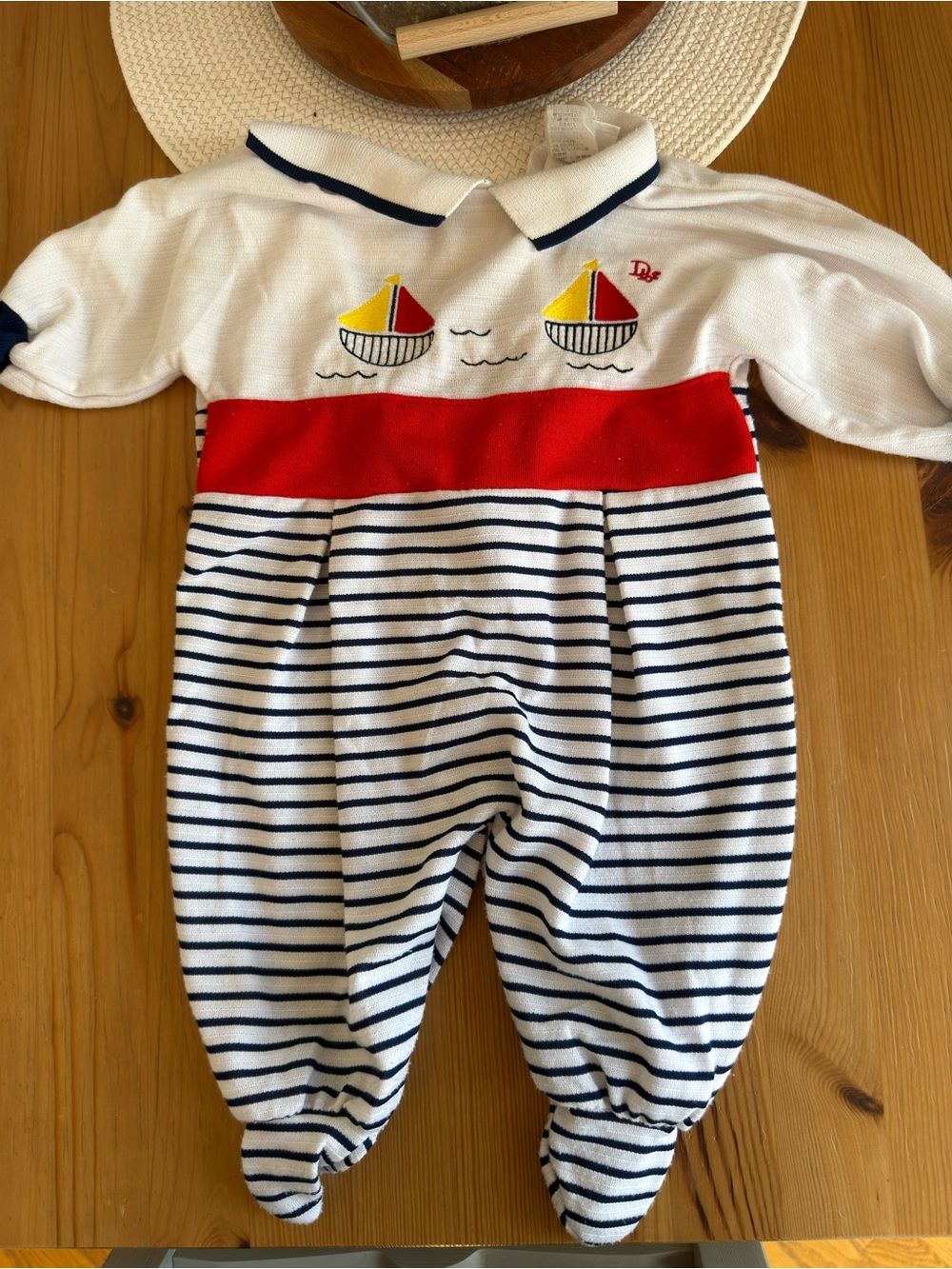 Striped Sailboat Footed One-Piece in White, Navy & Red